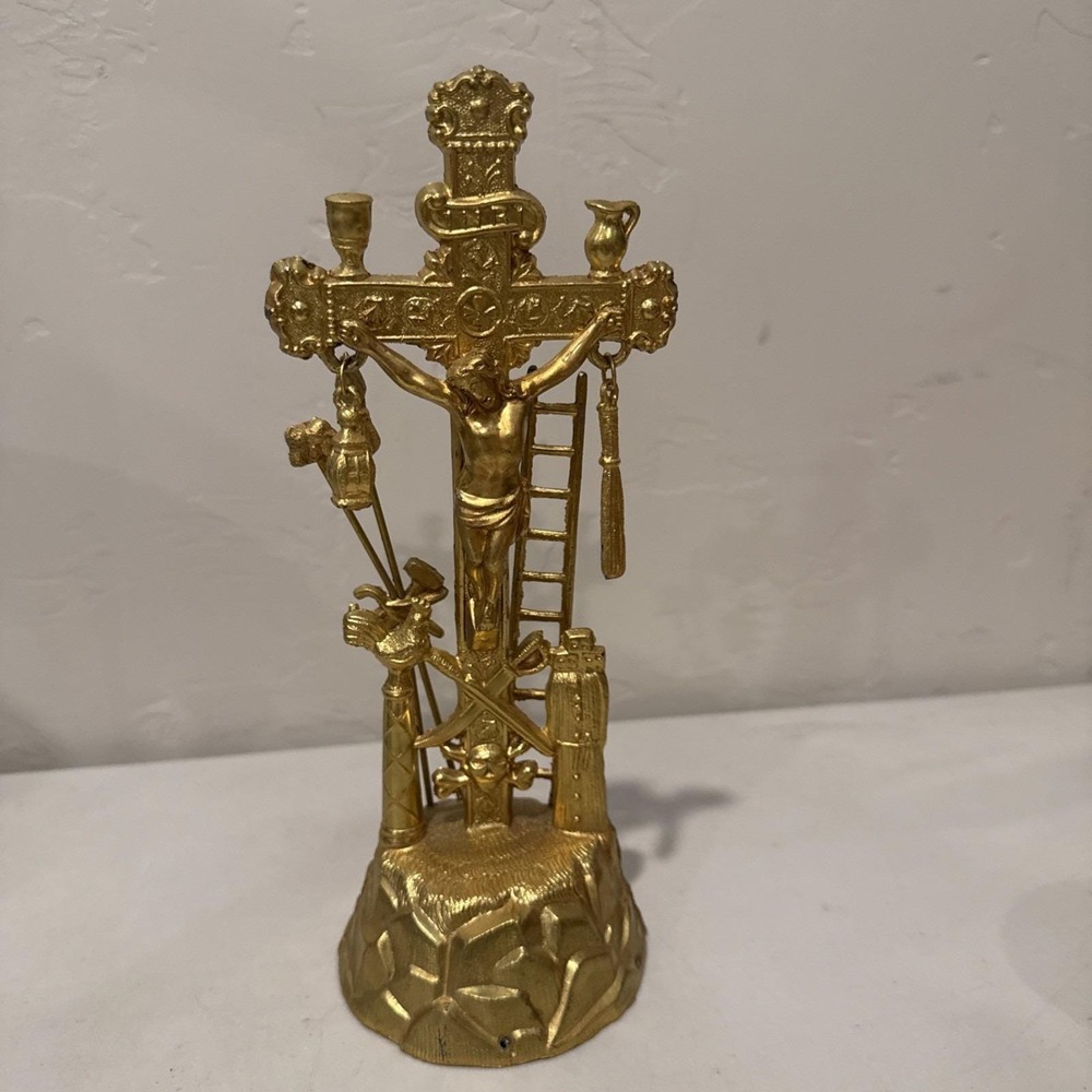 Vintage Arma Christi Crucifix Gold Tone Metal Instruments of the Passion Cross